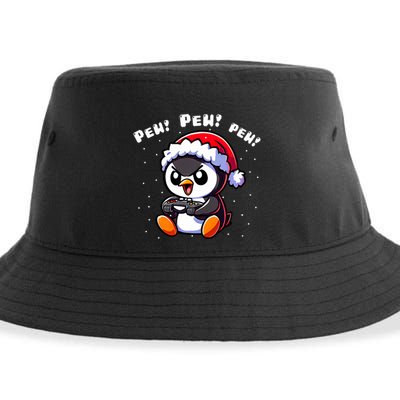 Funny Penguin Gamer Pew Video Game Christmas Sustainable Bucket Hat
