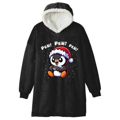 Funny Penguin Gamer Pew Video Game Christmas Hooded Wearable Blanket