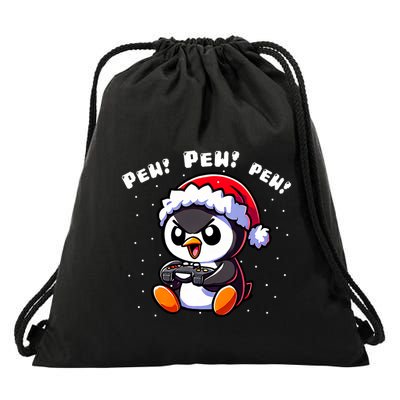Funny Penguin Gamer Pew Video Game Christmas Drawstring Bag