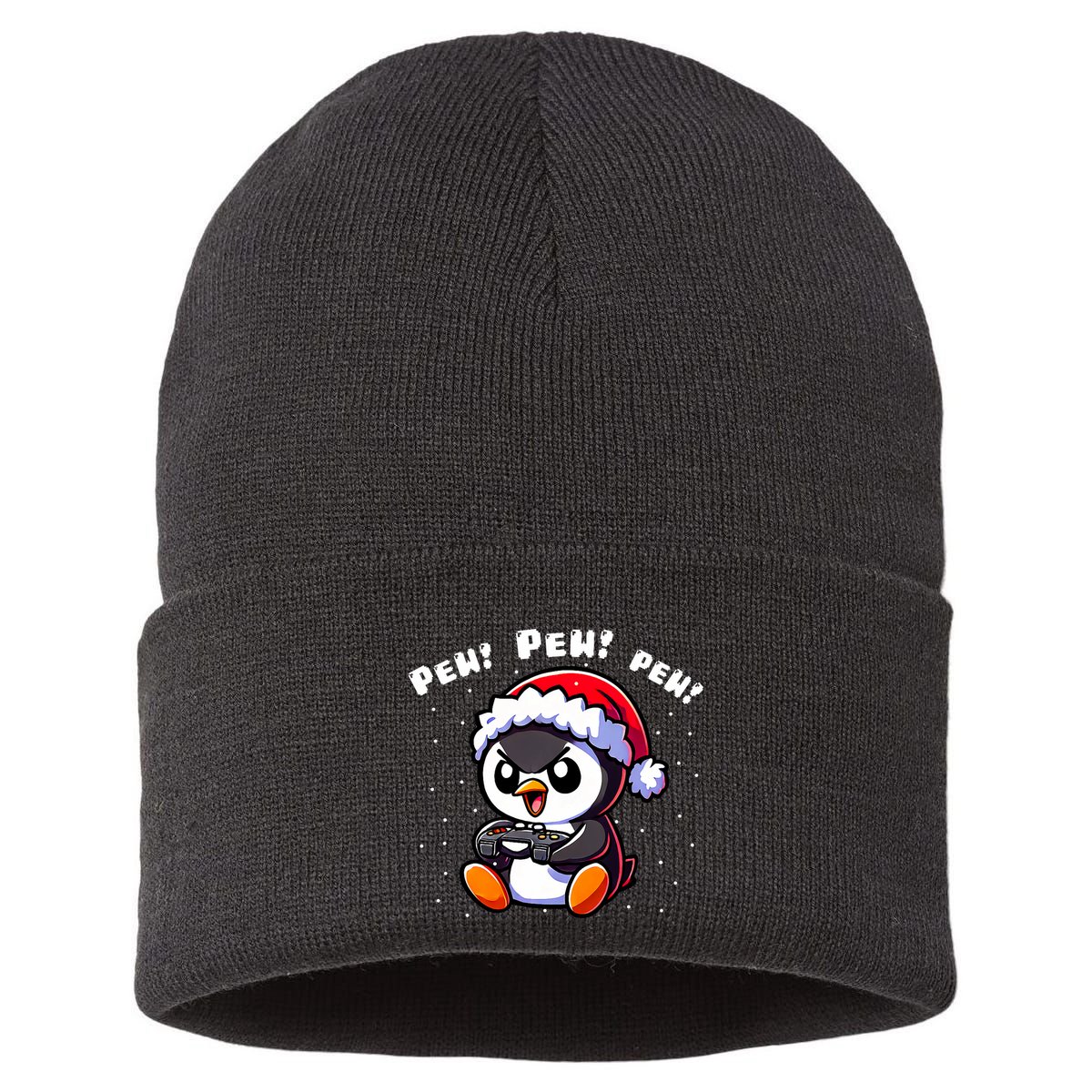 Funny Penguin Gamer Pew Video Game Christmas Sustainable Knit Beanie