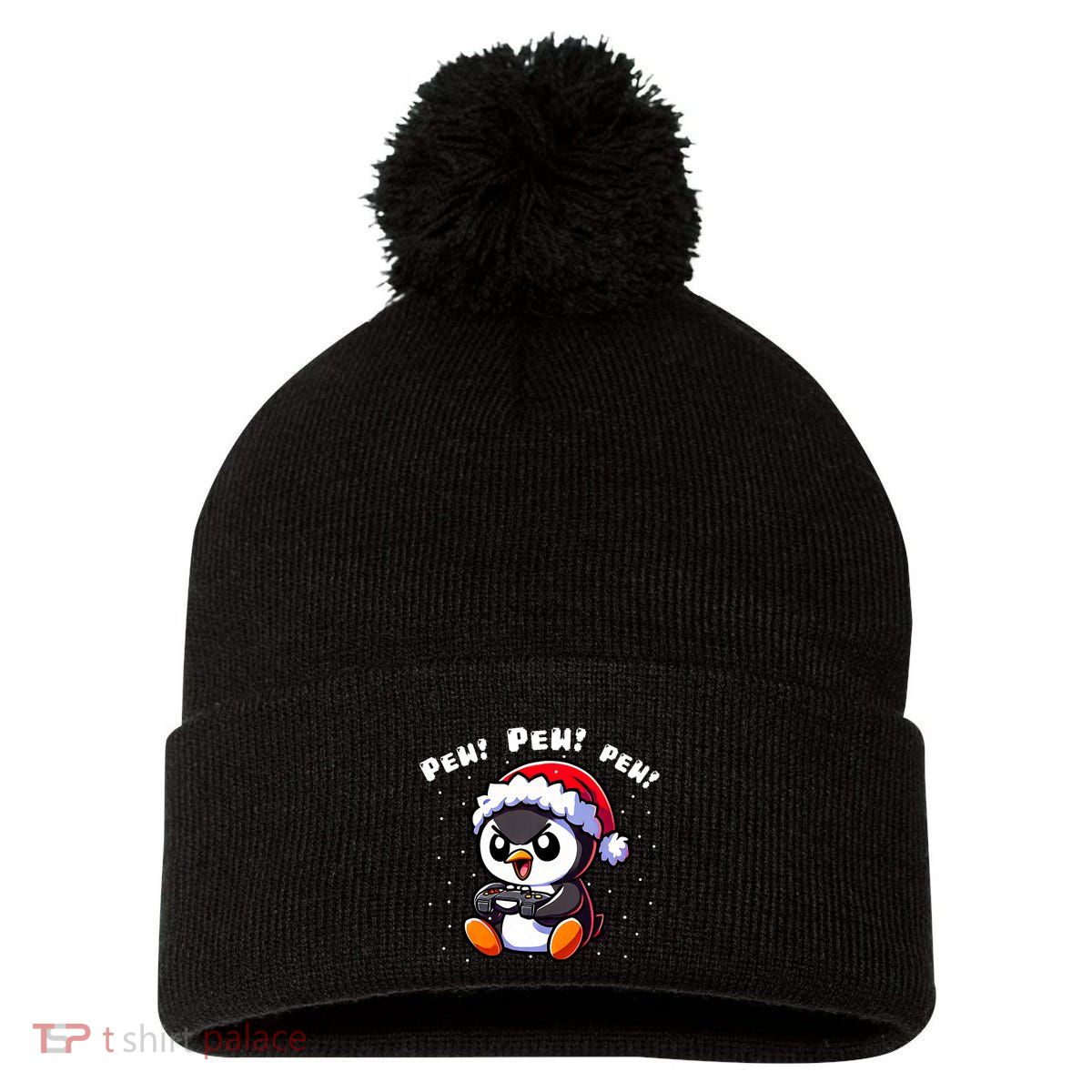 Funny Penguin Gamer Pew Video Game Christmas Pom Pom 12in Knit Beanie