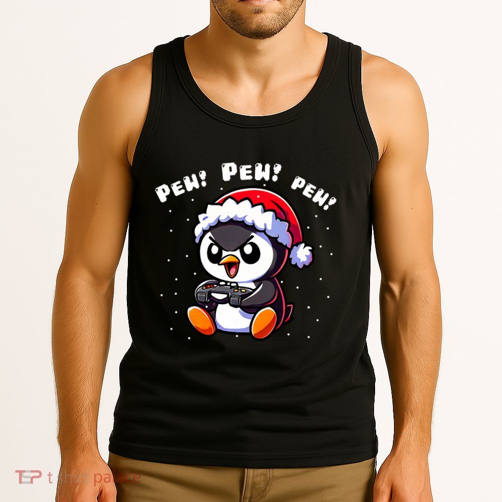 Funny Penguin Gamer Pew Video Game Christmas Tank Top