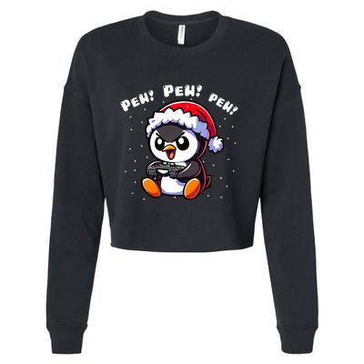 Funny Penguin Gamer Pew Video Game Christmas Cropped Pullover Crew