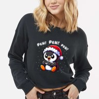 Funny Penguin Gamer Pew Video Game Christmas Cropped Pullover Crew