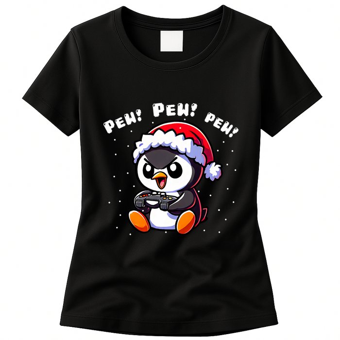 Funny Penguin Gamer Pew Video Game Christmas Womens T-Shirt