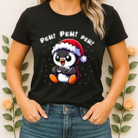 Funny Penguin Gamer Pew Video Game Christmas Womens T-Shirt