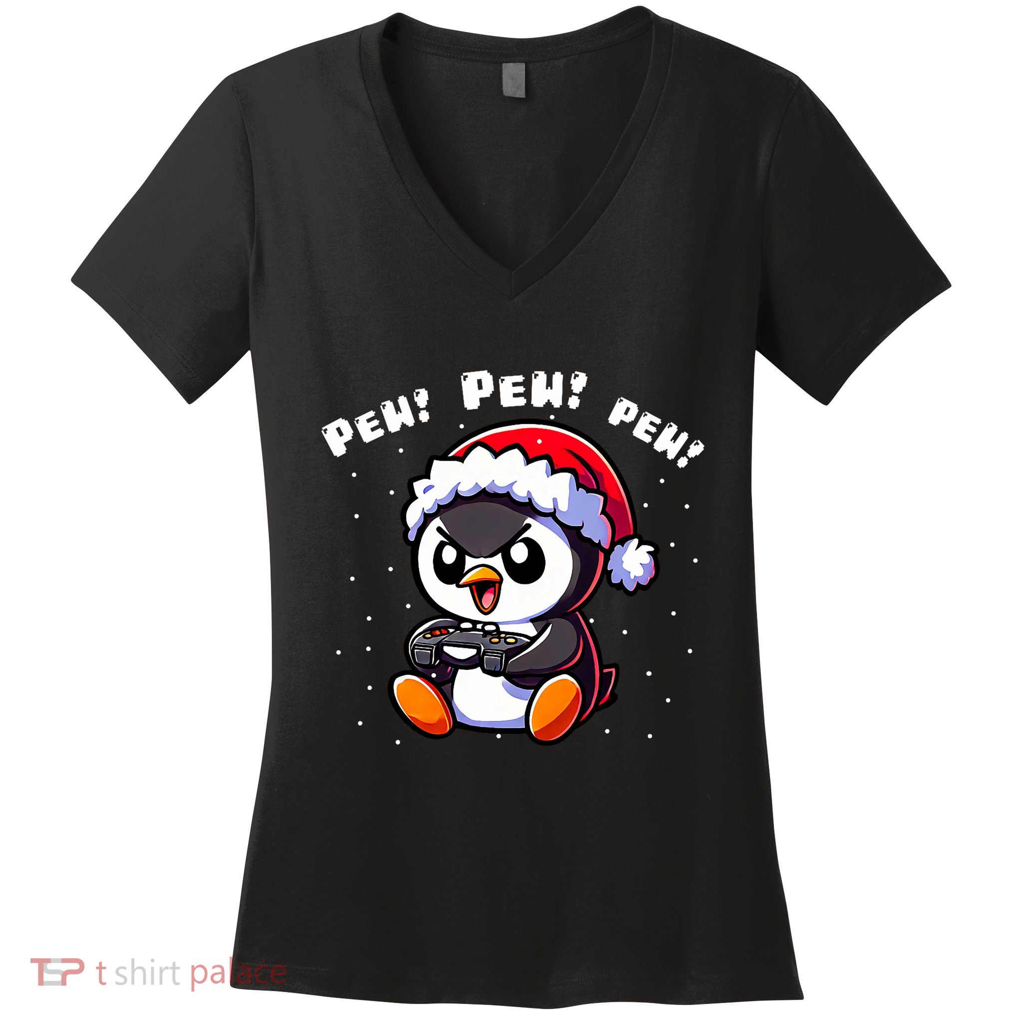 Funny Penguin Gamer Pew Video Game Christmas Women's V-Neck T-Shirt