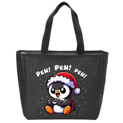 Funny Penguin Gamer Pew Video Game Christmas Zip Tote Bag