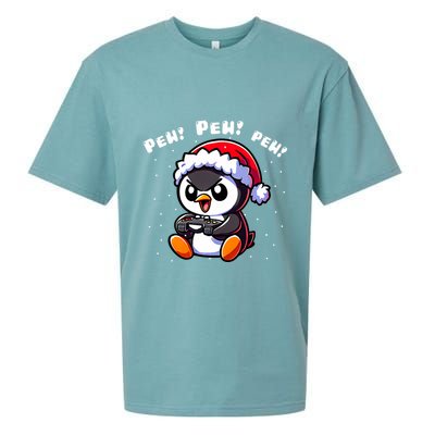 Funny Penguin Gamer Pew Video Game Christmas Sueded Cloud Jersey T-Shirt