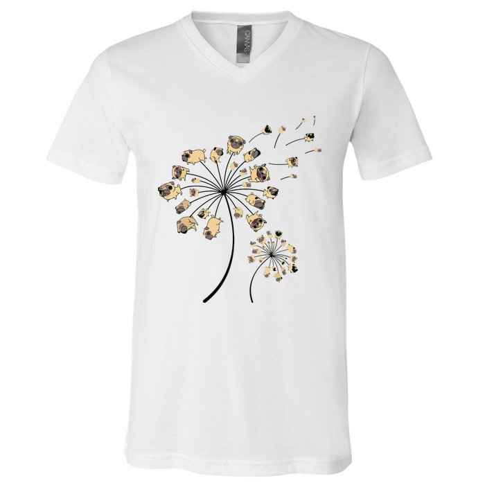 Funny Pug Gift For Men Women Cool Flower Dog Dandelion Lover V-Neck T-Shirt