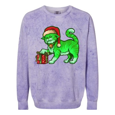 Funny Poisonous Green Cat Santa Claus Looking For Presents Colorblast Crewneck Sweatshirt