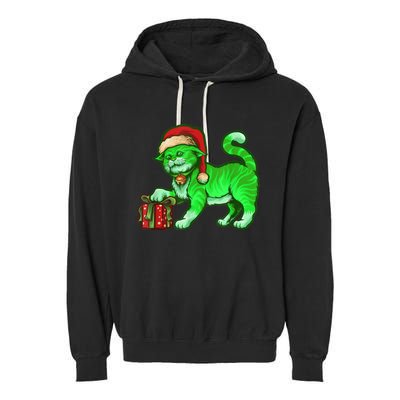 Funny Poisonous Green Cat Santa Claus Looking For Presents Garment-Dyed Fleece Hoodie