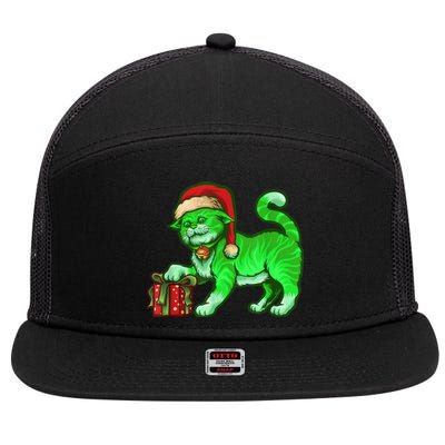 Funny Poisonous Green Cat Santa Claus Looking For Presents 7 Panel Mesh Trucker Snapback Hat