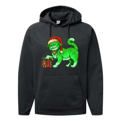 Funny Poisonous Green Cat Santa Claus Looking For Presents Performance Fleece Hoodie