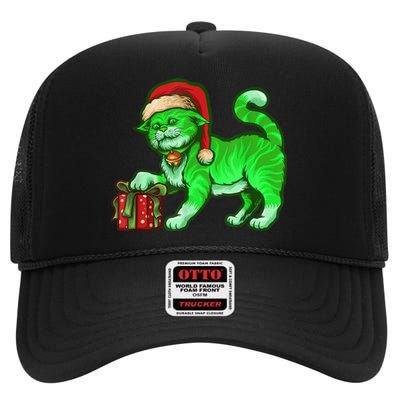 Funny Poisonous Green Cat Santa Claus Looking For Presents High Crown Mesh Back Trucker Hat