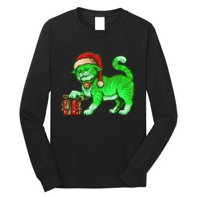 Funny Poisonous Green Cat Santa Claus Looking For Presents Long Sleeve Shirt