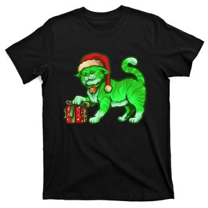 Funny Poisonous Green Cat Santa Claus Looking For Presents T-Shirt