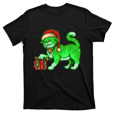 Funny Poisonous Green Cat Santa Claus Looking For Presents T-Shirt