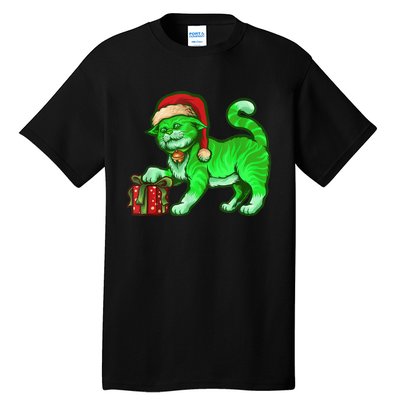 Funny Poisonous Green Cat Santa Claus Looking For Presents Tall T-Shirt