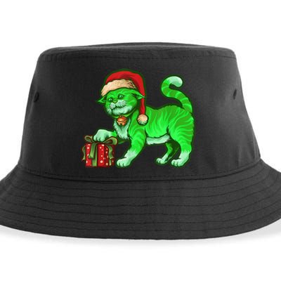 Funny Poisonous Green Cat Santa Claus Looking For Presents Sustainable Bucket Hat