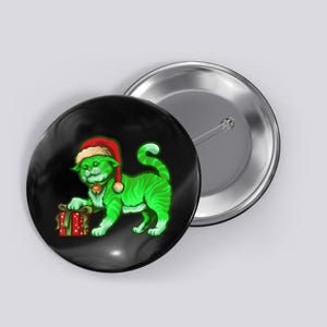 Funny Poisonous Green Cat Santa Claus Looking For Presents Button