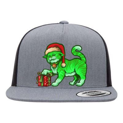 Funny Poisonous Green Cat Santa Claus Looking For Presents Flat Bill Trucker Hat