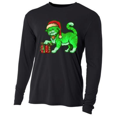 Funny Poisonous Green Cat Santa Claus Looking For Presents Cooling Performance Long Sleeve Crew