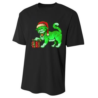 Funny Poisonous Green Cat Santa Claus Looking For Presents Performance Sprint T-Shirt