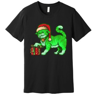 Funny Poisonous Green Cat Santa Claus Looking For Presents Premium T-Shirt