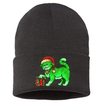 Funny Poisonous Green Cat Santa Claus Looking For Presents Sustainable Knit Beanie