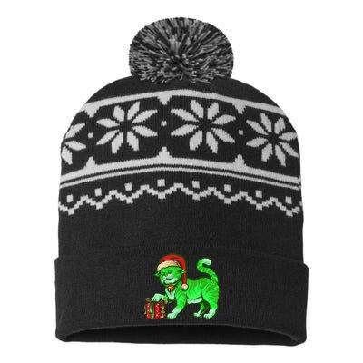 Funny Poisonous Green Cat Santa Claus Looking For Presents USA-Made Snowflake Beanie