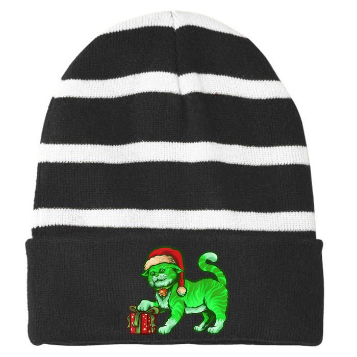 Funny Poisonous Green Cat Santa Claus Looking For Presents Striped Beanie with Solid Band