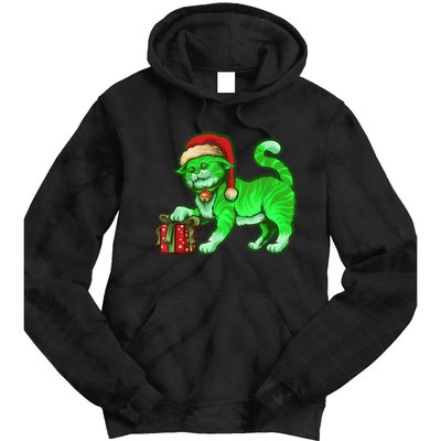 Funny Poisonous Green Cat Santa Claus Looking For Presents Tie Dye Hoodie