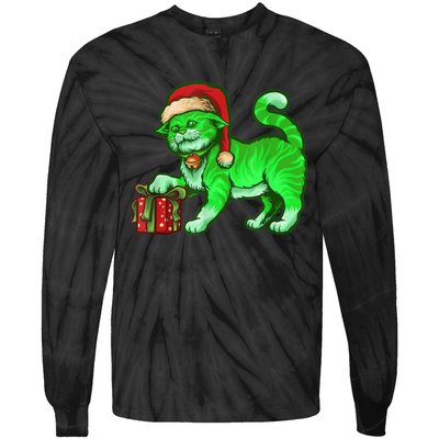 Funny Poisonous Green Cat Santa Claus Looking For Presents Tie-Dye Long Sleeve Shirt