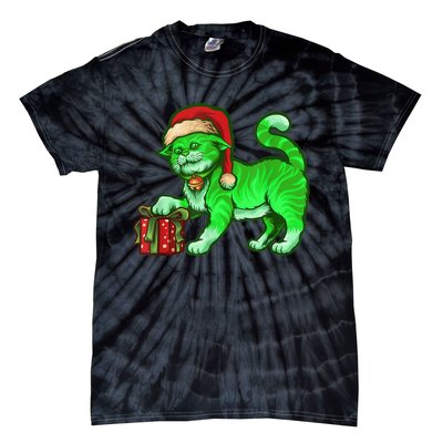 Funny Poisonous Green Cat Santa Claus Looking For Presents Tie-Dye T-Shirt