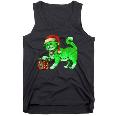 Funny Poisonous Green Cat Santa Claus Looking For Presents Tank Top