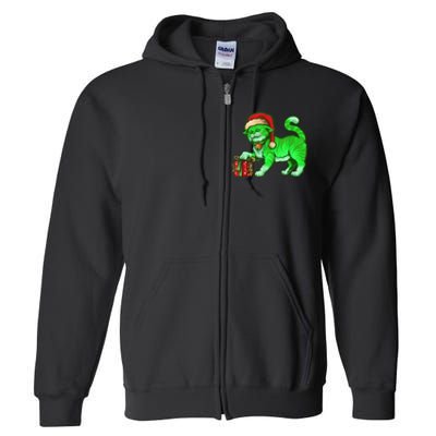 Funny Poisonous Green Cat Santa Claus Looking For Presents Full Zip Hoodie