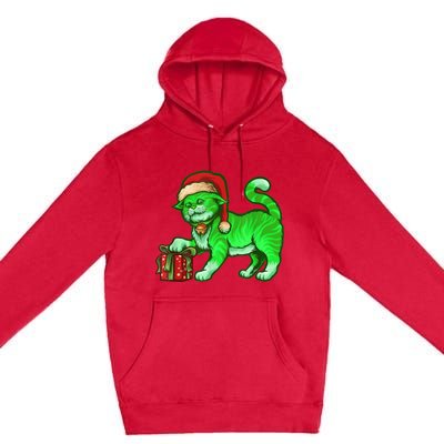 Funny Poisonous Green Cat Santa Claus Looking For Presents Premium Pullover Hoodie