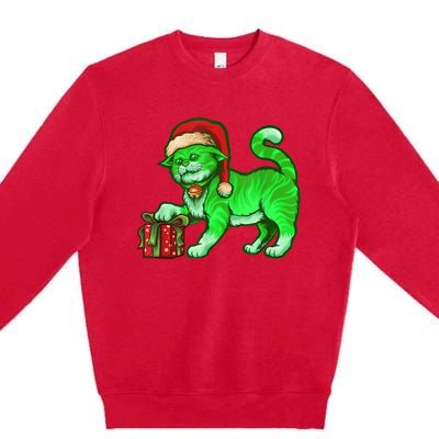 Funny Poisonous Green Cat Santa Claus Looking For Presents Premium Crewneck Sweatshirt