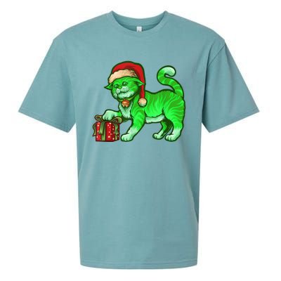 Funny Poisonous Green Cat Santa Claus Looking For Presents Sueded Cloud Jersey T-Shirt