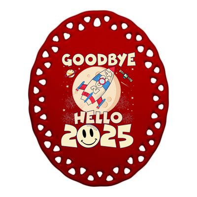 Family Pajamas Goodbye 2024 Hello 2025 Fly Happy New Year Ceramic Oval Ornament