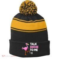 Flamingo Playing Golf Talk Birdie To Me Pun Funny Stripe Pom Pom Beanie