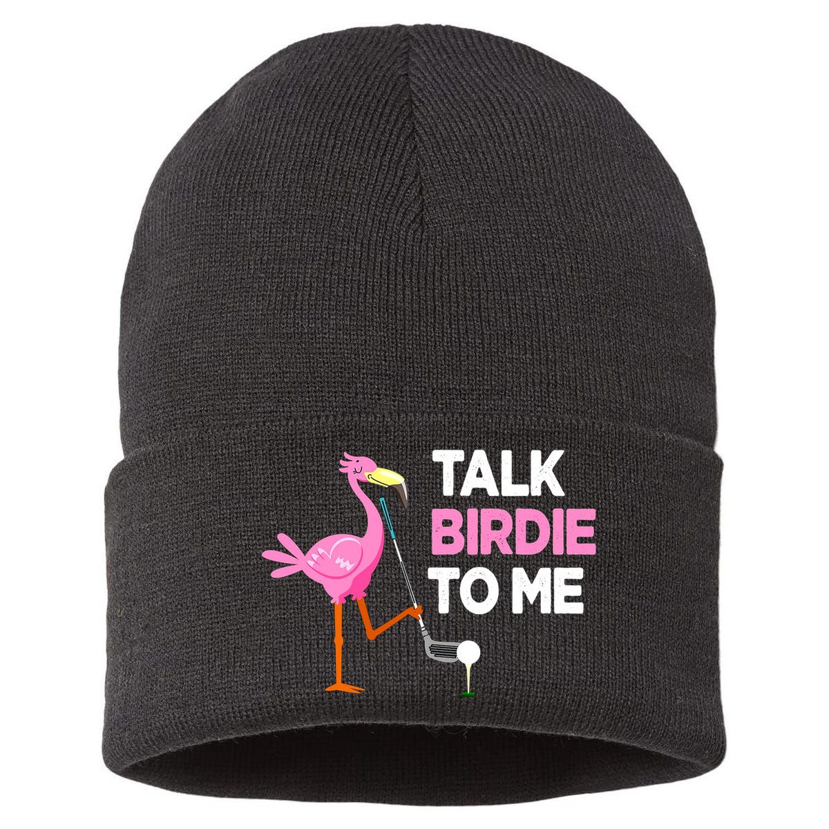 Flamingo Playing Golf Talk Birdie To Me Pun Funny Sustainable Knit Beanie