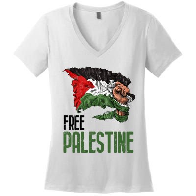 Free Palestine Gaza Flag Arabic Freedom Distressed Strength Women's V-Neck T-Shirt