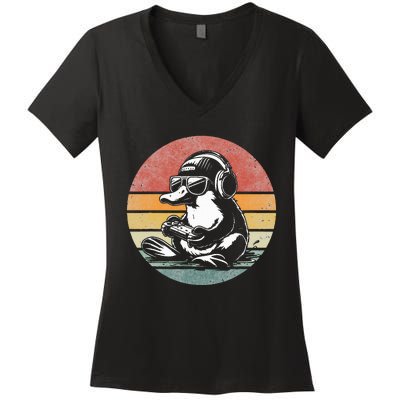 Funny Platypus Gaming Retro Gamer Funny Video Games Platypus Women's V-Neck T-Shirt