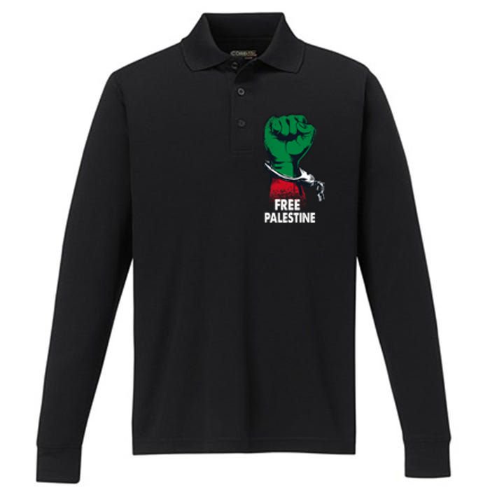 Free Palestine Gaza Palestinian Flag Performance Long Sleeve Polo