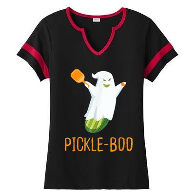 Funny Pickle Ghost Loves To Play Pickleball At Halloween Ladies Halftime Notch Neck Tee