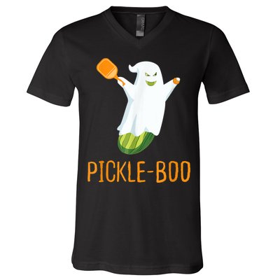 Funny Pickle Ghost Loves To Play Pickleball At Halloween V-Neck T-Shirt