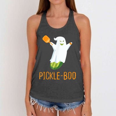 Funny Pickle Ghost Loves To Play Pickleball At Halloween Women's Knotted Racerback Tank