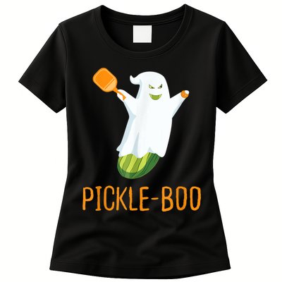 Funny Pickle Ghost Loves To Play Pickleball At Halloween Womens T-Shirt